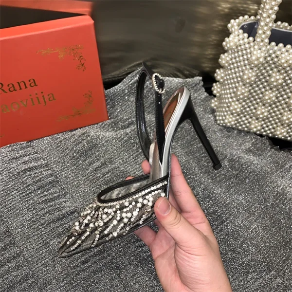 Charmant Weiß Leder Datierung Sandalen Damen 2020 Perle Strass Pailletten 10 cm Stilettos Spitzschuh Slingpumps Sandaletten