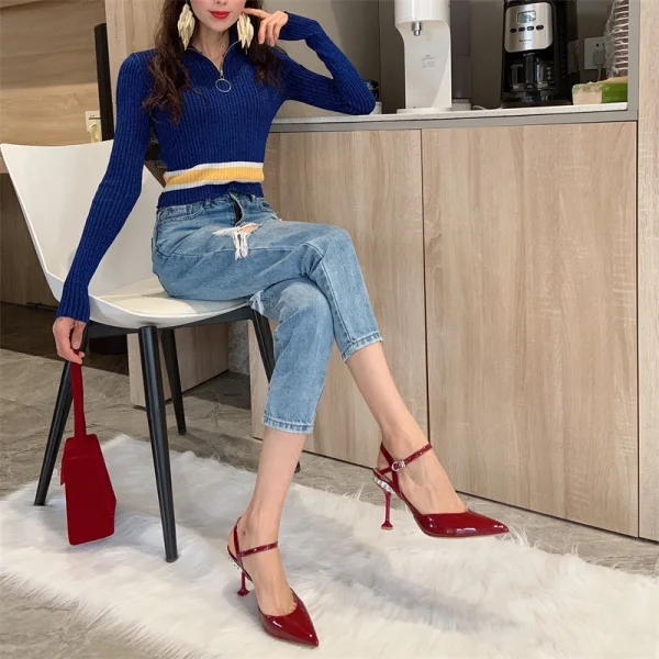 Charmant Noire Vêtement de rue Sandales Femme 2020 Cuir 8 cm Talons Aiguilles À Bout Pointu Sandales