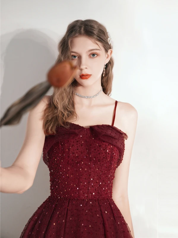 Chic / Beautiful Burgundy Homecoming Prom Dresses Evening Dresses  Graduation Dresses 2021 A-Line / Princess Spaghetti Straps Beading Crystal Sequins Sleeveless Backless Floor-Length / Long Formal Dresses
