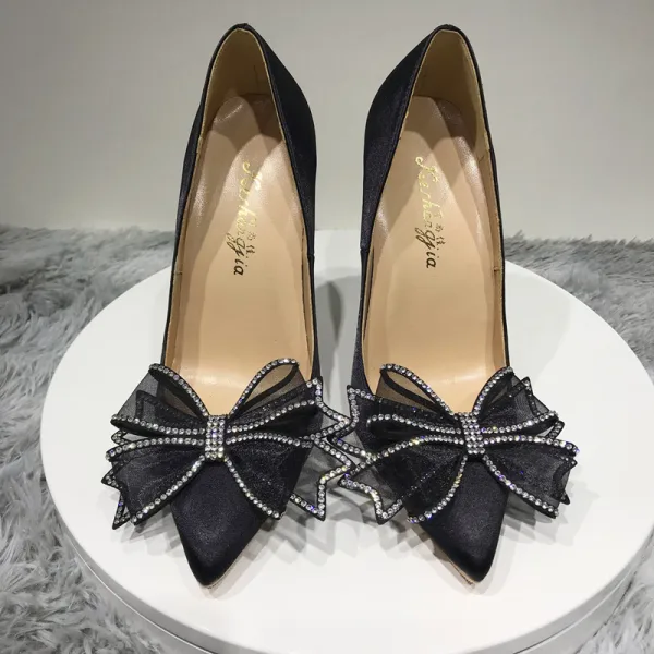 Chic / Beautiful Black Prom Pumps 2020 Satin Rhinestone Bow 12 cm Stiletto Heels Pointed Toe Pumps