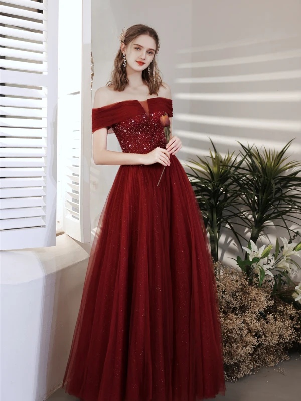 Chic / Beautiful Burgundy Prom Dresses 2021 A-Line / Princess Off-The-Shoulder Beading Crystal Sequins Short Sleeve Backless Floor-Length / Long Prom Formal Dresses
