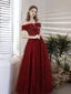 Chic / Beautiful Burgundy Prom Dresses 2021 A-Line / Princess Off-The-Shoulder Beading Crystal Sequins Short Sleeve Backless Floor-Length / Long Prom Formal Dresses