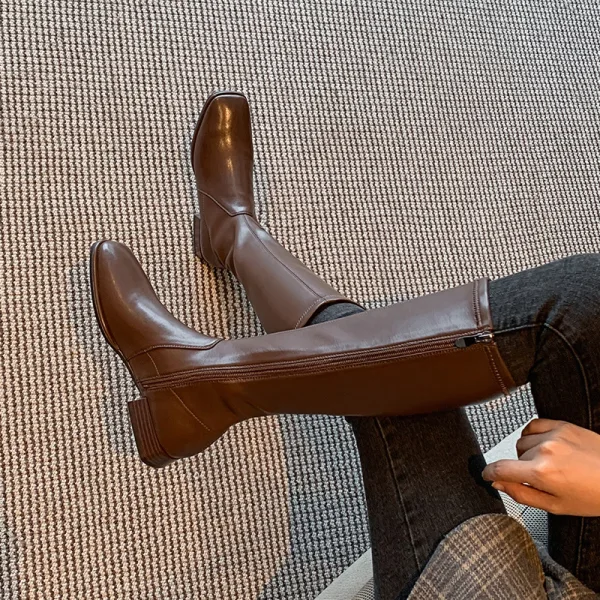 Chic / Belle Marron Vêtement de rue Talon Bas Bottes Femme 2020 Cuir 4 cm Talons Épais Pied Carré Bottes