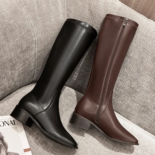 Chic / Belle Marron Vêtement de rue Cuir Talon Bas Bottes Femme 2020 4 cm Talons Épais Pied Carré Bottes