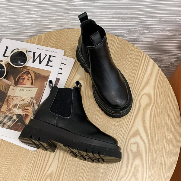 Enkla Aprikos / Beige Casual Läder Platt Pande Zote Toe Stövlar Dam 2020