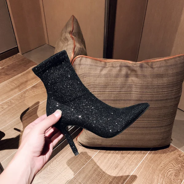 Uroczy Moda Srebrny Przypadkowy Cekiny Botki Buty Damskie 2020 8 cm Szpilki Szpiczaste Boots