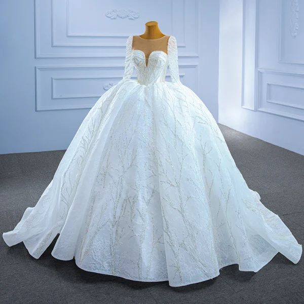 High-end Luxury / Gorgeous Ivory Beading Crystal Sequins Wedding Dresses 2021 Ball Gown Scoop Neck 3/4 Sleeve Cathedral Train Wedding
