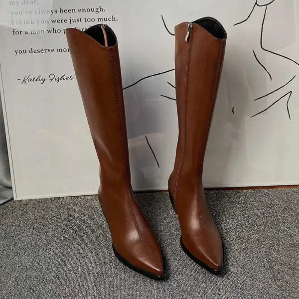 Fine Vinter Svart Gateklær Knehøye Kvinners støvler 2020 Lær 5 cm Tykk Hæler Spisse Boots