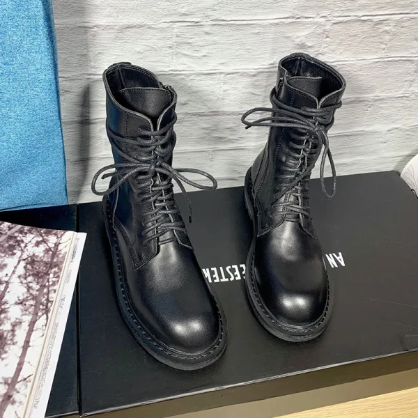 Fashion Fall Black Street Wear Leather Ankle Womens Boots 2020 Round Toe Flat Boots