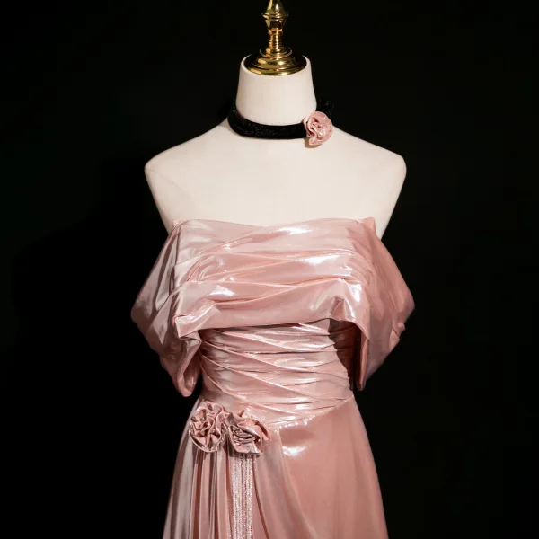 Sexy Rosa Gespaltete Front Glanz Abendkleider 2025 Meerjungfrau Bandeau Ärmellos Rückenfreies Sweep / Pinsel Zug Abend Festliche Kleider