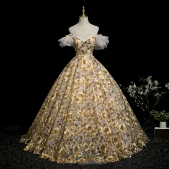 Fée Des Fleurs Jaune Perlage Paillettes En Dentelle Fleur Floral Robe De Bal 2025 Robe Boule Bretelles Spaghetti Manches Courtes Dos Nu Longue Robe De Ceremonie