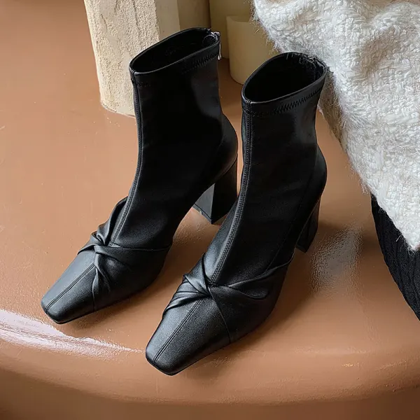 Enkel Høst Hvit Casual Ankel Kvinners støvler 2020 Lær 7 cm Tykk Hæler Firkantetå Boots