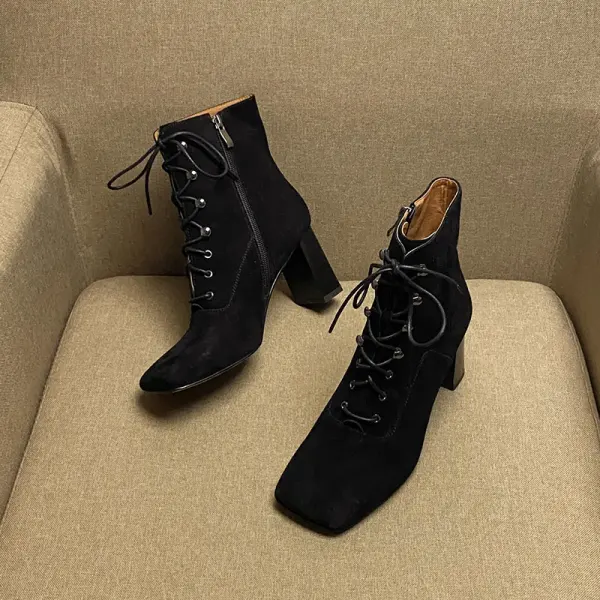 Enkel Høst Aprikos Casual Ankel Kvinners støvler 2020 Lær 7 cm Tykk Hæler Firkantetå Boots