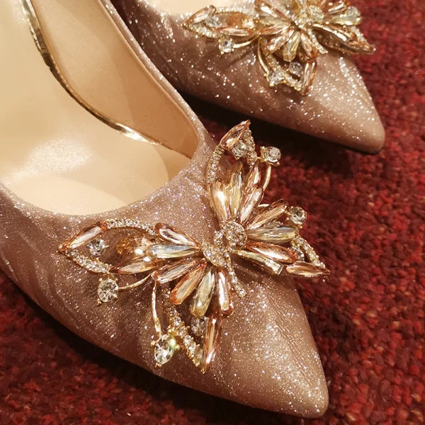 Charmant Champagner Kristall Brautschuhe 2020 Leder Strass Pailletten 10 cm Stilettos Spitzschuh Hochzeit Pumps