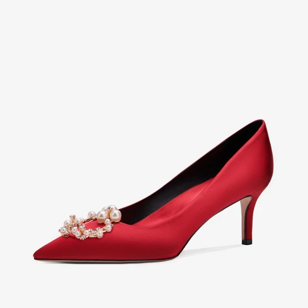 Charmant Ivoire Satin Faux Diamant Chaussure De Mariée 2020 Perle 8 cm Talons Aiguilles À Bout Pointu Mariage Escarpins