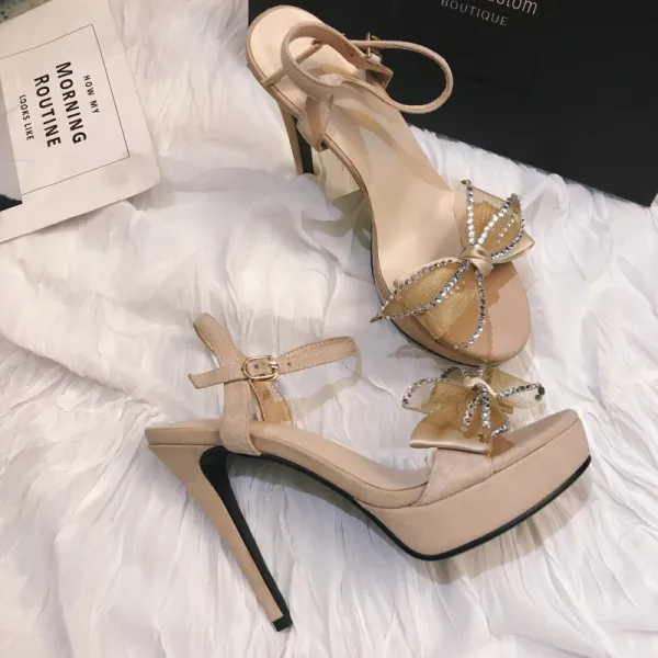 Charmant Noire Cocktail Sandales Femme 2020 Faux Diamant Noeud Cuir 12 cm Talons Aiguilles Peep Toes / Bout Ouvert Sandales