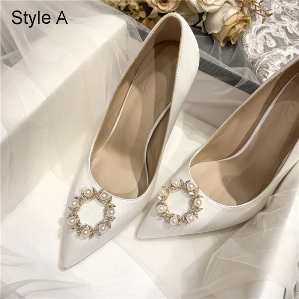 Elegant Ivory Satin Pearl Rhinestone Wedding Shoes 2021 10 cm Stiletto Heels Pointed Toe Wedding Pumps High Heels