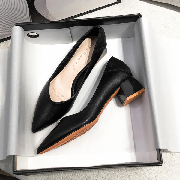 Chic / Belle Noire Bureau OL Escarpins 2020 4 cm Talons Épais Talon Bas À Bout Pointu Escarpins