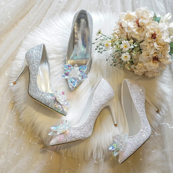 Scintillantes Argenté Cristal Chaussure De Mariée 2020 Paillettes 9 cm Talons Aiguilles À Bout Pointu Mariage Escarpins