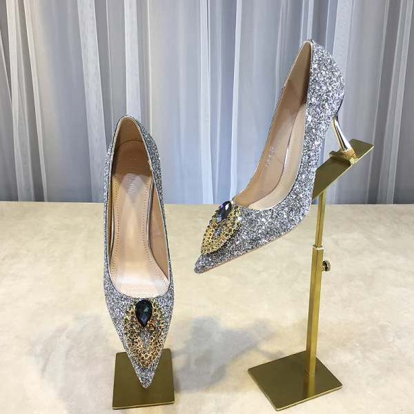 Sparkly Champagne Evening Party Sequins Pumps 2020 Rhinestone 8 cm Stiletto Heels Pointed Toe Pumps