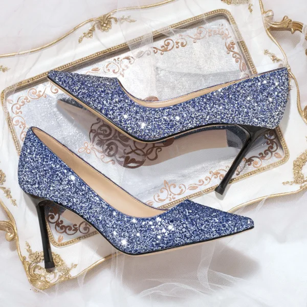 Scintillantes Bleu Roi Soirée Paillettes Escarpins 2020 Cuir 8 cm Talons Aiguilles À Bout Pointu Escarpins