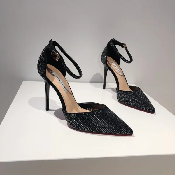 Charming Tan Evening Party Rhinestone Womens Sandals 2020 Ankle Strap 10 cm Stiletto Heels Pointed Toe Sandals