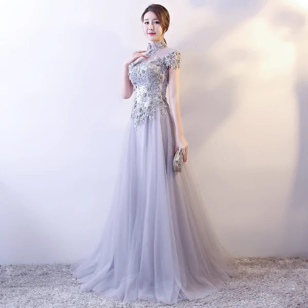 Chinese style Grey Evening Dresses  2018 A-Line / Princess Lace Appliques Crystal Pearl Sequins High Neck Backless Short Sleeve Floor-Length / Long Formal Dresses