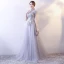 Chinese style Grey Evening Dresses  2018 A-Line / Princess Lace Appliques Crystal Pearl Sequins High Neck Backless Short Sleeve Floor-Length / Long Formal Dresses