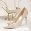 Elegant Beige Satin Wedding Shoes 2020 Pearl Rhinestone Bow 10 cm Stiletto Heels Pointed Toe Wedding Pumps
