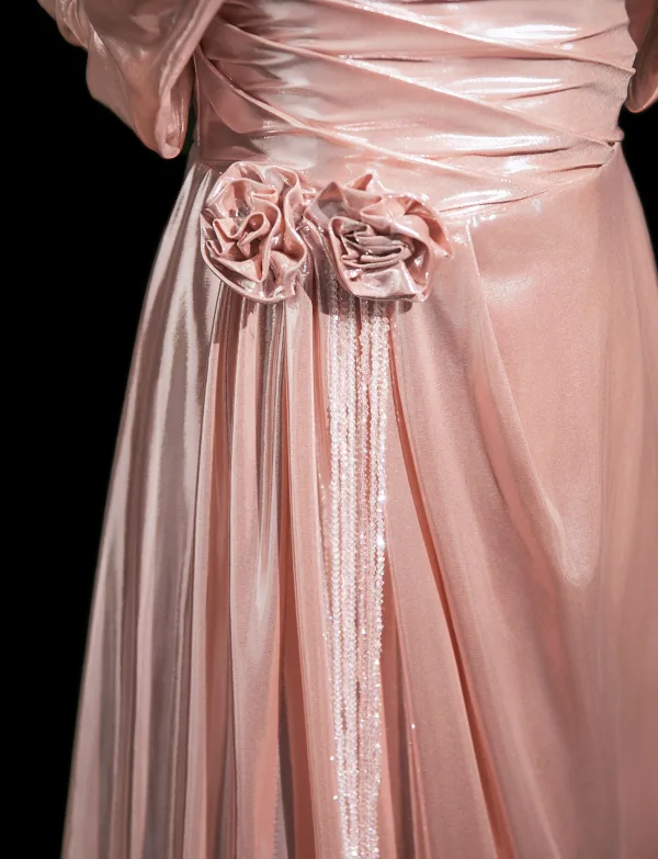 Sexy Rosa Gespaltete Front Glanz Abendkleider 2025 Meerjungfrau Bandeau Ärmellos Rückenfreies Sweep / Pinsel Zug Abend Festliche Kleider