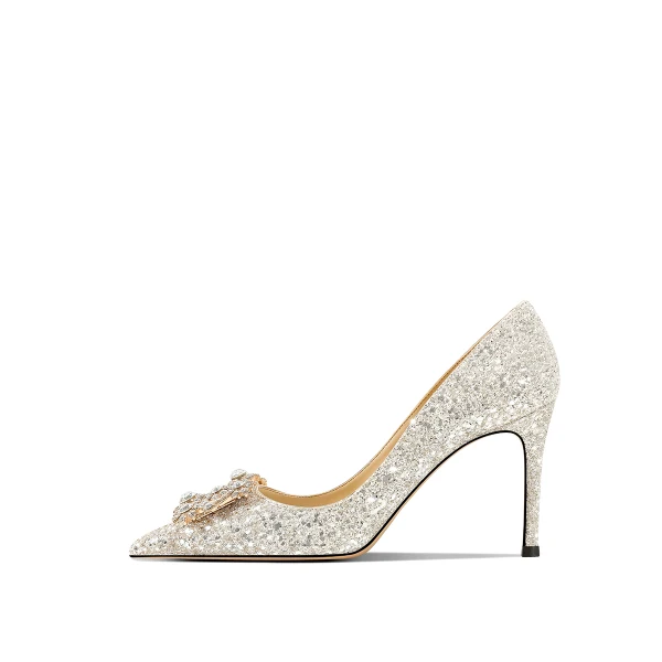 Sparkly Silver Glitter Rhinestone Sequins Wedding Shoes 2021 Leather 8 cm Stiletto Heels Pointed Toe Wedding Pumps High Heels