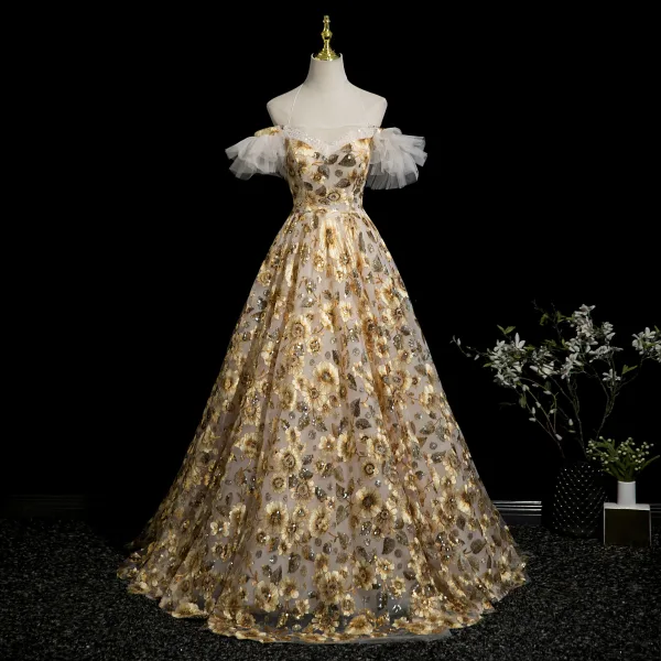 Flower Fairy Yellow Beading Sequins Lace Flower Floral Prom Dresses 2025 Ball Gown Spaghetti Straps Short Sleeve Backless Floor-Length / Long Formal Dresses