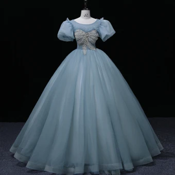 Chic Belle Bleu Robe De Bal 2022 Robe Boule Encolure Dégagée Perlage Gonflée Manches Courtes Dos Nu Longue Robe De Ceremonie