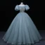 Chic / Beautiful Pool Blue Prom Dresses 2022 Ball Gown Scoop Neck Beading Puffy Short Sleeve Backless Floor-Length / Long Formal Dresses