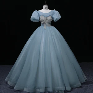Chic Beautiful Pool Blue Prom Dresses 2022 Ball Gown Scoop Neck Beading Puffy Short Sleeve Backless Floor Length Long Formal Dresses