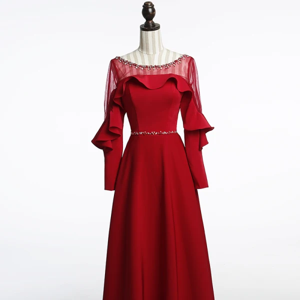 Modern / Fashion Burgundy See-through Evening Dresses  2018 A-Line / Princess Scoop Neck Long Sleeve Beading Sash Floor-Length / Long Ruffle Backless Formal Dresses
