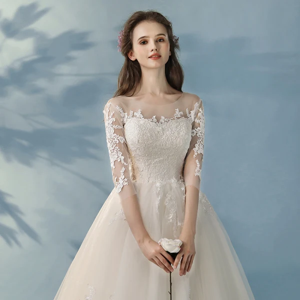 Élégant Princesse Ivoire Robe De Mariée 2017 1/2 Manches Appliques Dentelle Volants Tulle Dos Nu Chapel Train