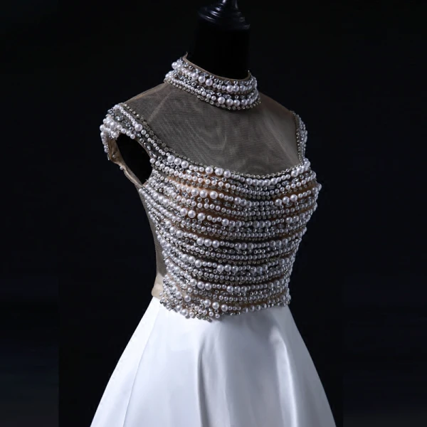 Luxury / Gorgeous Pearl Prom Dresses 2017 High Neck Beading Crystal Backless White Satin Formal Dresses