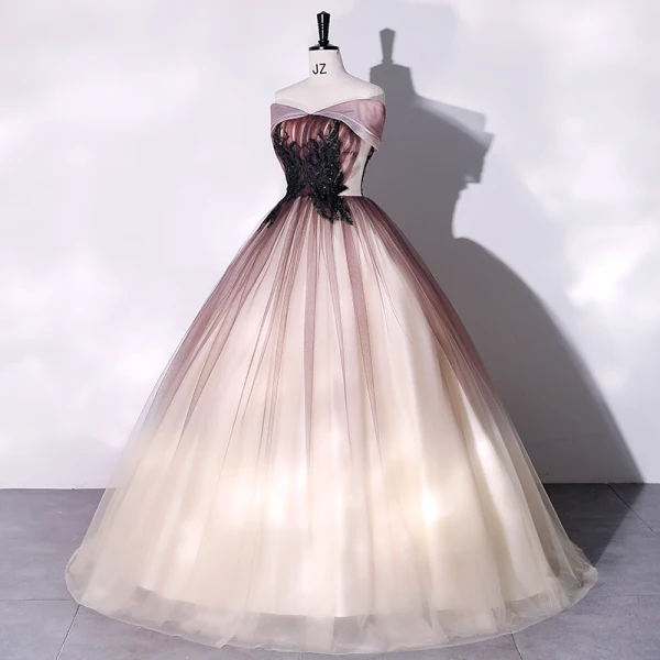 Élégant Dégradé De Couleur Champagne Robe De Bal 2022 Robe Boule Bustier En Dentelle Fleur Sans Manches Dos Nu Longue Robe De Ceremonie