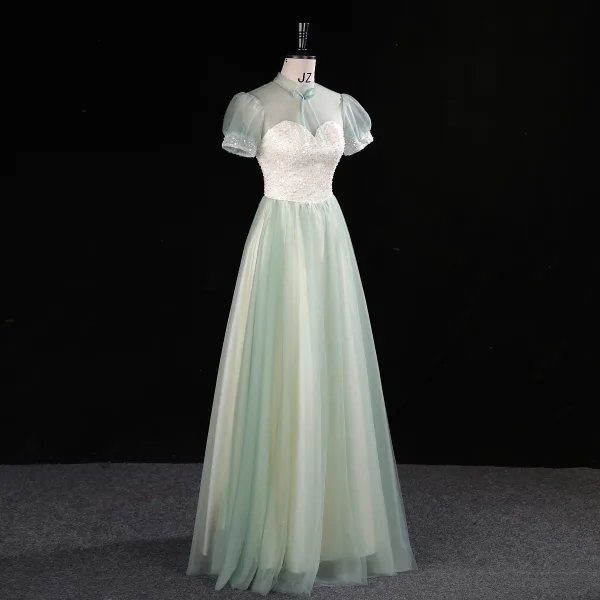 Chic / Beautiful Sage Green Sequins Prom Dresses 2023 A-Line / Princess High Neck Short Sleeve Backless Floor-Length / Long Prom Formal Dresses
