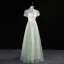 Chic / Beautiful Sage Green Sequins Prom Dresses 2023 A-Line / Princess High Neck Short Sleeve Backless Floor-Length / Long Prom Formal Dresses