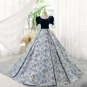 Elegant Navy Blue Printing Prom Dresses 2023 Ball Gown Square Neckline Short Sleeve Backless Floor Length Long Prom Formal Dresses