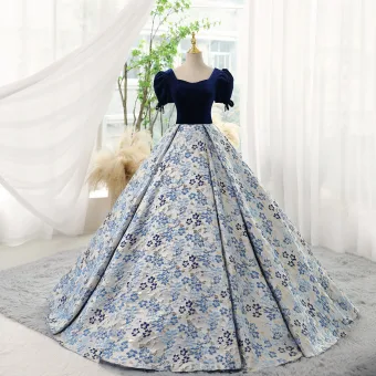 Élégant Bleu Marine Impression Robe De Bal 2023 Robe Boule Encolure Carrée Manches Courtes Dos Nu Longue Promo Robe De Ceremonie