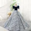 Elegant Navy Blue Printing Prom Dresses 2023 Ball Gown Square Neckline Short Sleeve Backless Floor-Length / Long Prom Formal Dresses