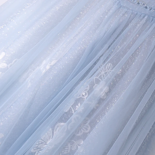 Chic / Beautiful Sky Blue Flower Glitter Sequins Prom Dresses 2024 A-Line / Princess Off-The-Shoulder Sleeveless Backless Floor-Length / Long Prom Formal Dresses
