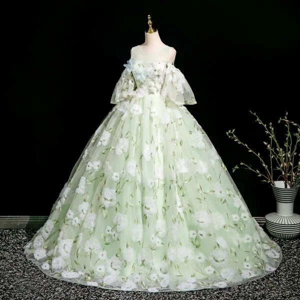 Elegant Sage Green Lace Flower Appliques Prom Dresses 2025 Ball Gown Scoop Neck Short Sleeve Backless Floor-Length / Long Prom Formal Dresses