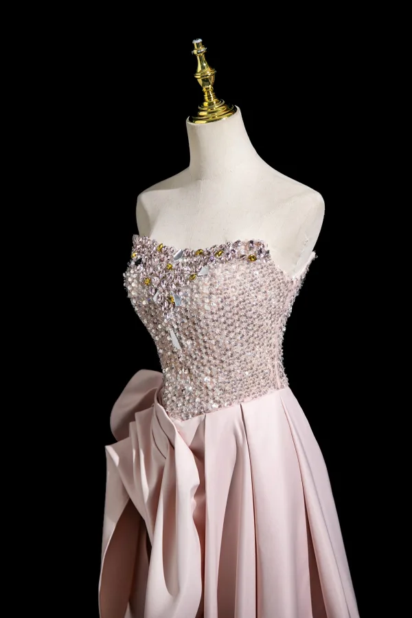 Sexy Rosa Perlenstickerei Strass Pailletten Abendkleider 2025 A Linie Bandeau Ärmellos Rückenfreies Gespaltete Front Sweep / Pinsel Zug Abend Festliche Kleider