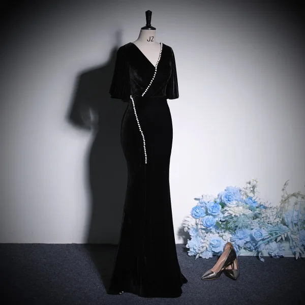 Sexy Black Solid Color Rhinestone Velvet Evening Dresses 2023 Trumpet / Mermaid V-Neck Short Sleeve Backless Floor-Length / Long Evening Party Formal Dresses