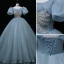 Chic / Beautiful Pool Blue Prom Dresses 2022 Ball Gown Scoop Neck Beading Puffy Short Sleeve Backless Floor-Length / Long Formal Dresses
