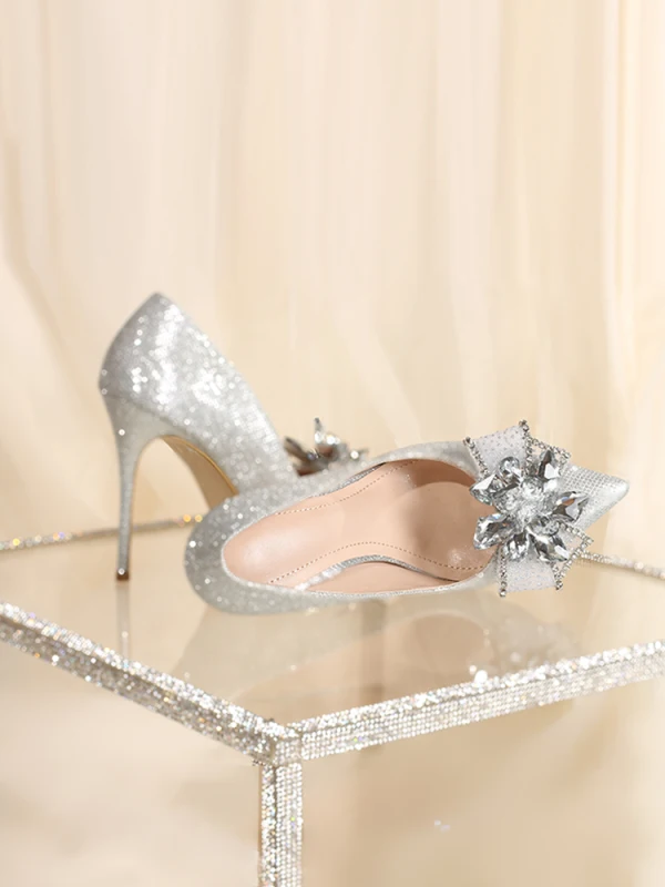 Charmig Silver Kristall Brudskor 2020 Rhinestone 10 cm Stilettklackar Spetsiga Bröllop Pumps